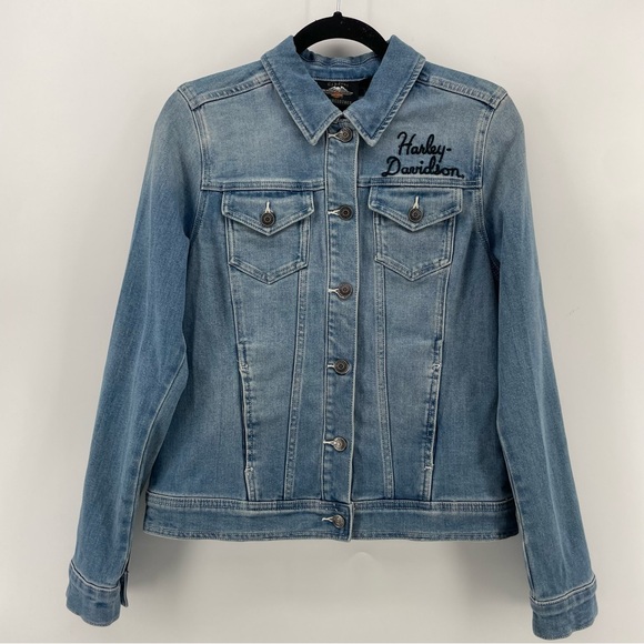 Harley Davidson Women’s Jean Jacket Blue Denim Winged Logo Patch M - Picture 2 of 9